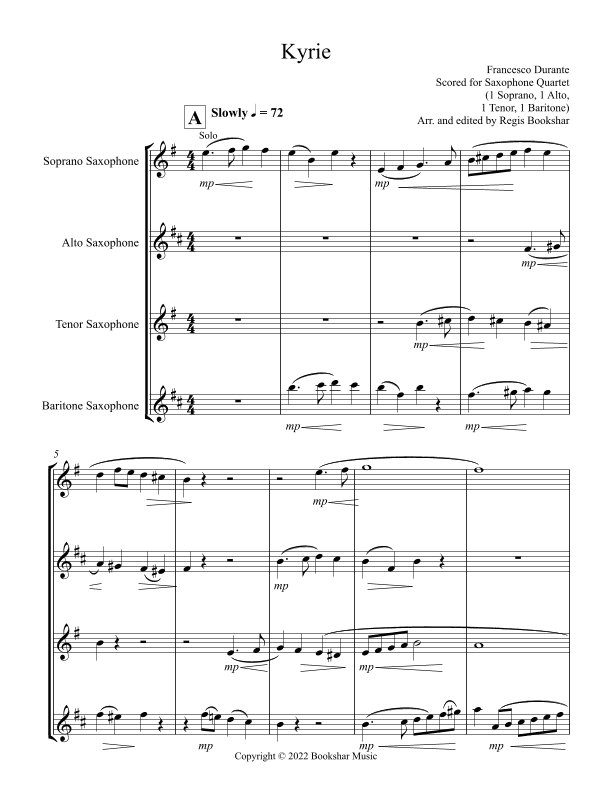 Kyrie (Durante) (Saxophone Quartet - 1 Sop, 1 Alto, 1 Tenor, 1 Bari) (arr. Regis Bookshar)