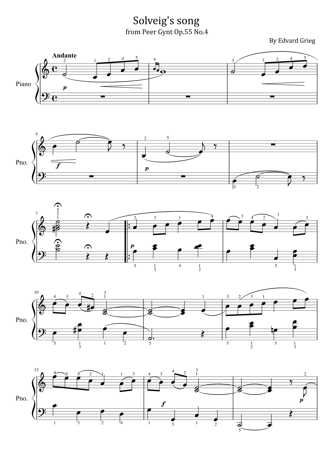 Solveig's song - from Peer Gynt Op.55 No.4 - For Easy Piano With Fingered (arr. poon)