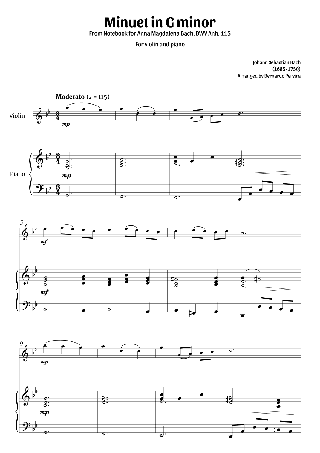 Minuet in G minor (violin and piano – clean sheet music) (arr. Bernardo Pereira)