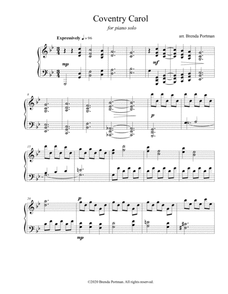 Coventry Carol (piano solo), arr. Brenda Portman (arr. Brenda Portman)