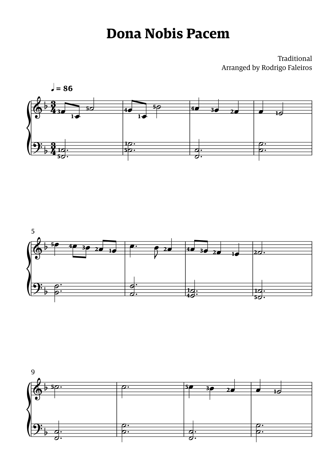 Dona Nobis Pacem - for piano - beginner level 2 (featuring fingerings) (arr. Rodrigo Faleiros)