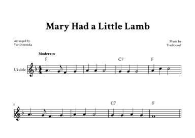 Mary Had a Little Lamb - Ukulele (F Major - Melody and Chords) (arr. Yuri Noronha)