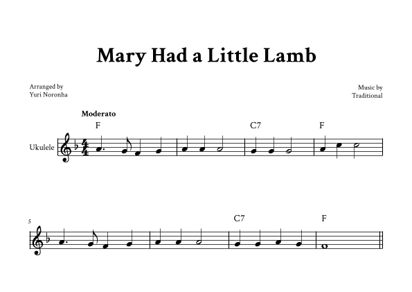 Mary Had a Little Lamb - Ukulele (F Major - Melody and Chords) (arr. Yuri Noronha)