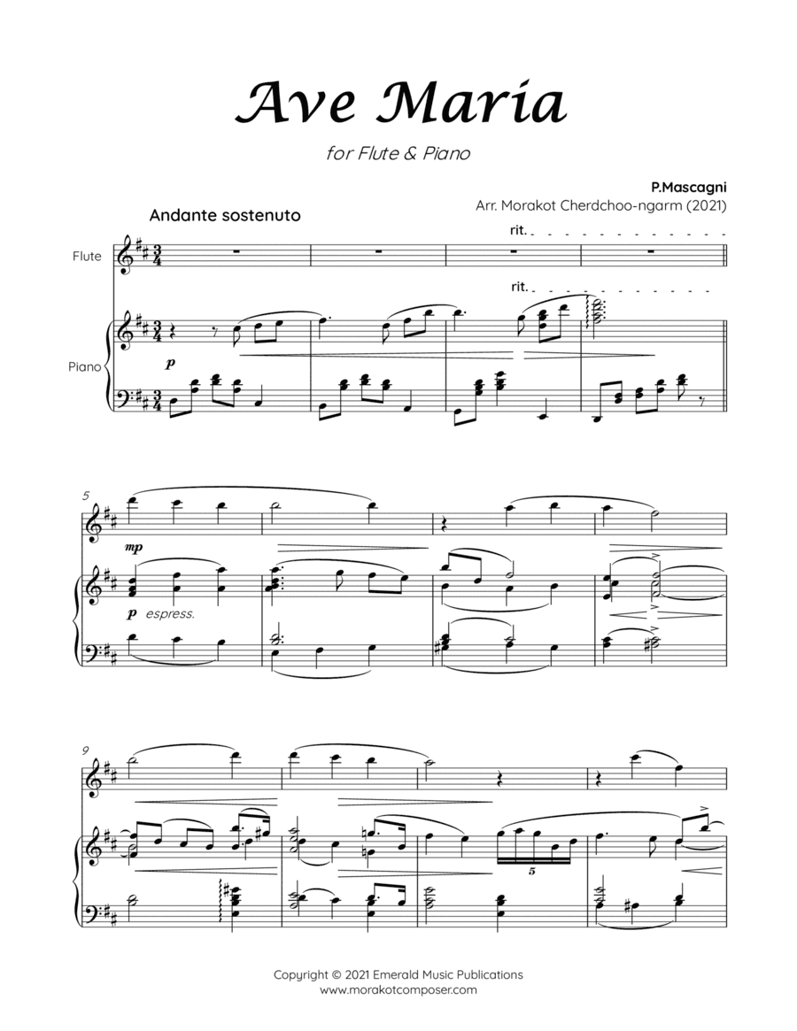 AVE MARIA MASCAGNI for Flute & Piano (arr. Morakot Cherdchoo-ngarm)