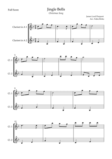 Jingle Bells (Christmas Song) for Clarinet in A Duo (arr. Fabio Britto)