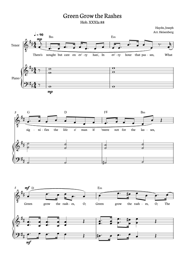 Joseph Haydn - Green Grow The Rashes for Tenor with Piano and chords in B minor. (arr. Heisenberg)