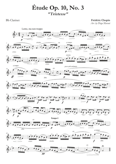 Etude Op. 10, No. 3 for Clarinet and Piano (arr. Diego Marani)