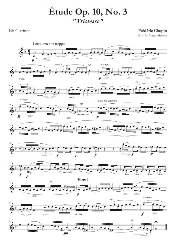 Etude Op. 10, No. 3 for Clarinet and Piano (arr. Diego Marani)