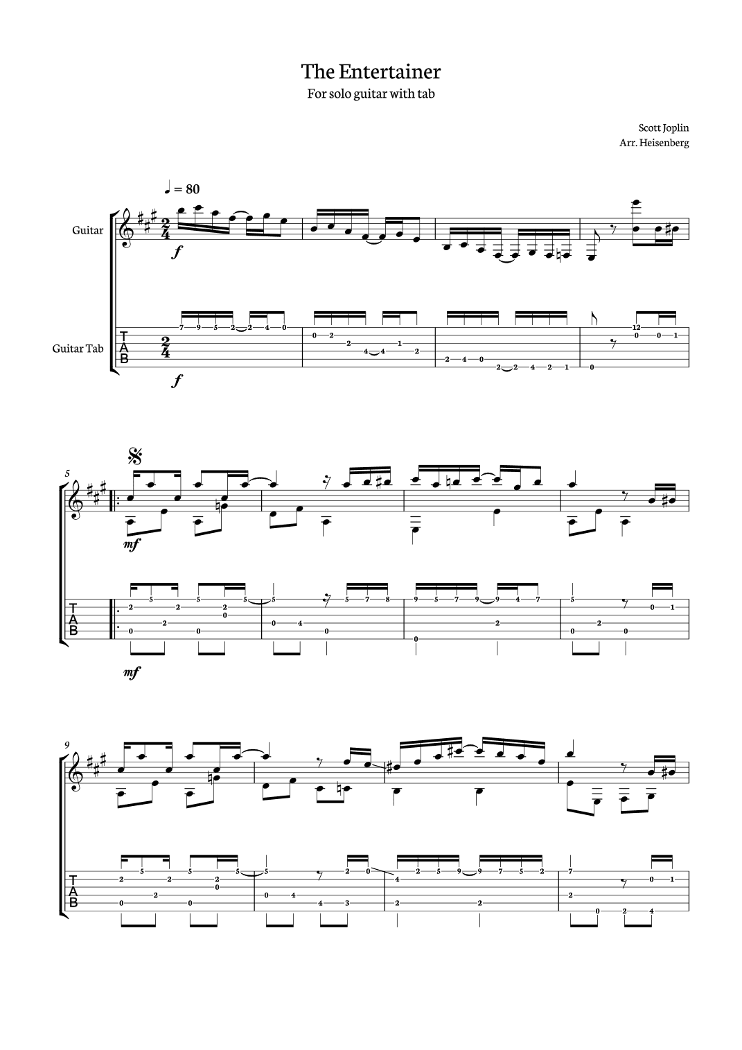 The Entertainer - Scott Joplin for Guitar Solo with tab (arr. Heisenberg)