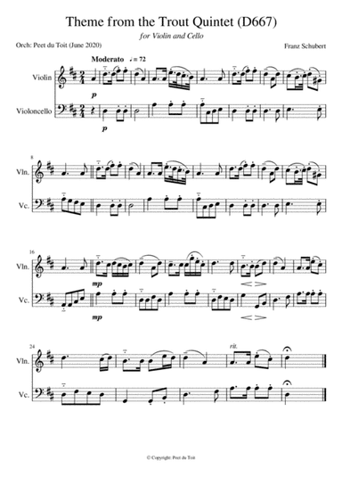 Theme from the Trout Quintet in A (D667) - F Schubert (Violin & Cello) (arr. Peet du Toit)