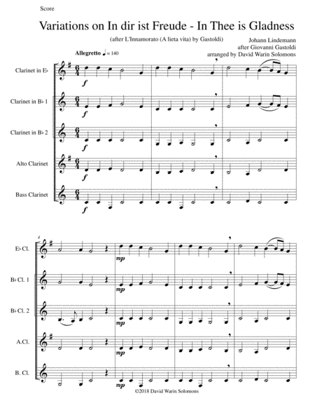 In dir ist Freude (In Thee is gladness) for clarinet quintet (E flat, 2 B flats, Alto, Bass) (arr. David Warin Solomons)