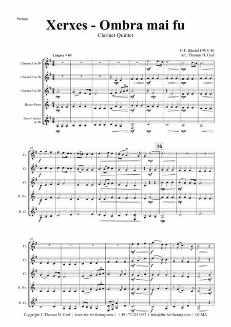 Xerxes Largo - Ombra mai fu - Clarinet Quintet (arr. Thomas H. Graf)