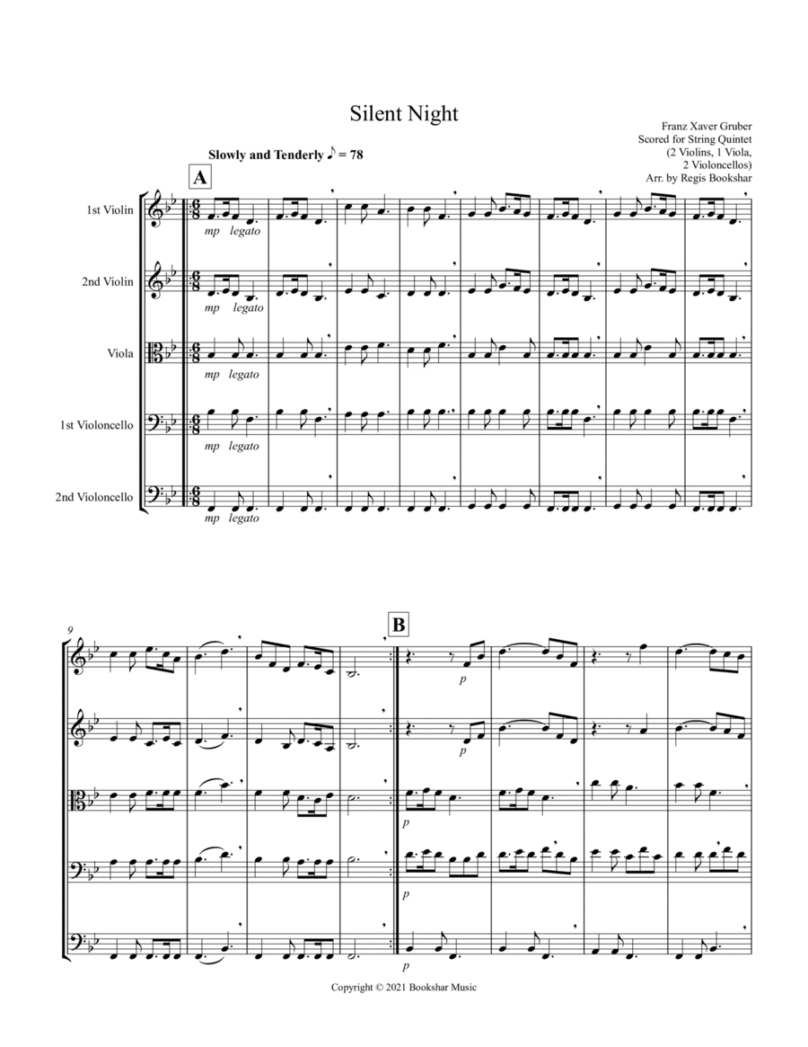Silent Night (Bb) (String Quintet - 2 Violins, 1 Viola, 2 Cellos) (arr. Regis Bookshar)
