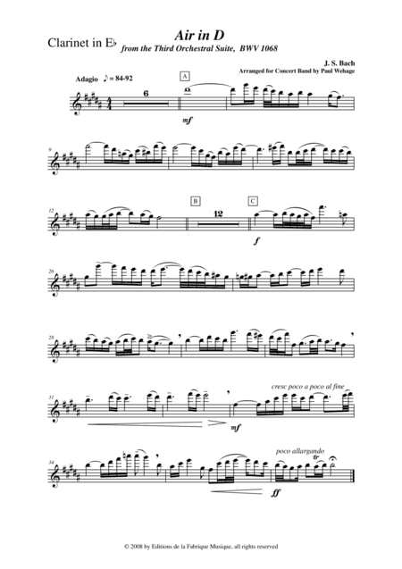 Johann Sebastian Bach/Wehage, Air in D from the Third orchestral suite, BWV 1068 arranged for concer (arr. Musik Fabrik Music Publishing)