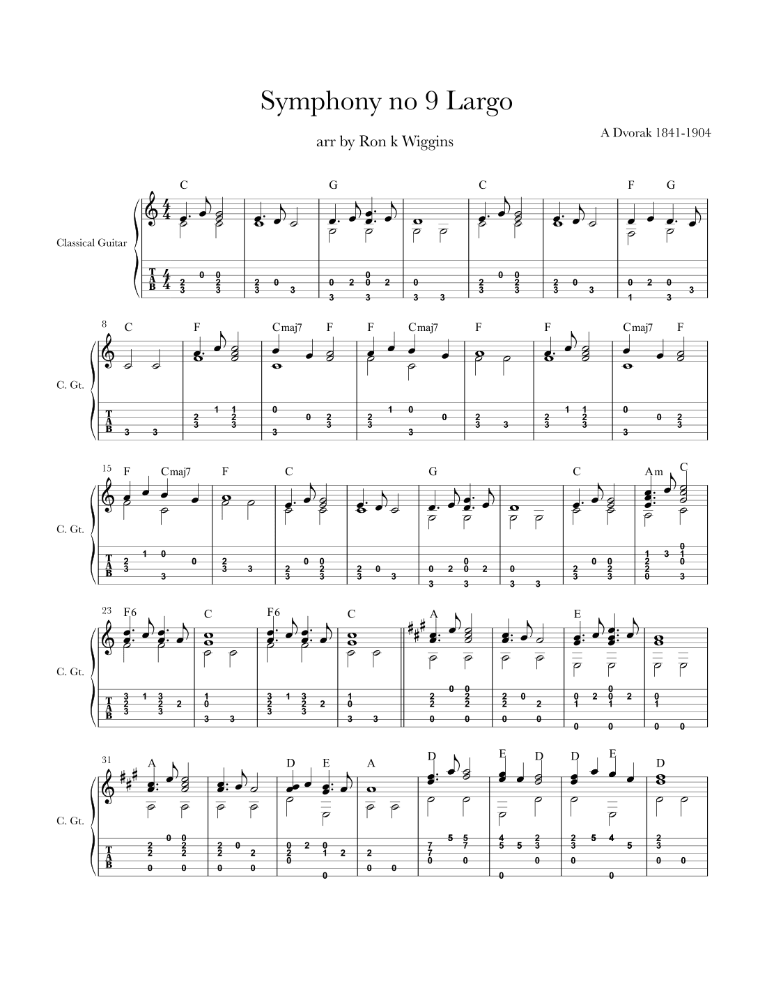 Largo from New World Symphony - Classical Guitar (arr. Ron k Wiggins)
