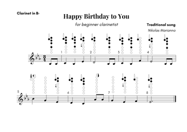 Happy Birthday to You for beginner clarinetist with finger chart (arr. Nikolas Marianno)