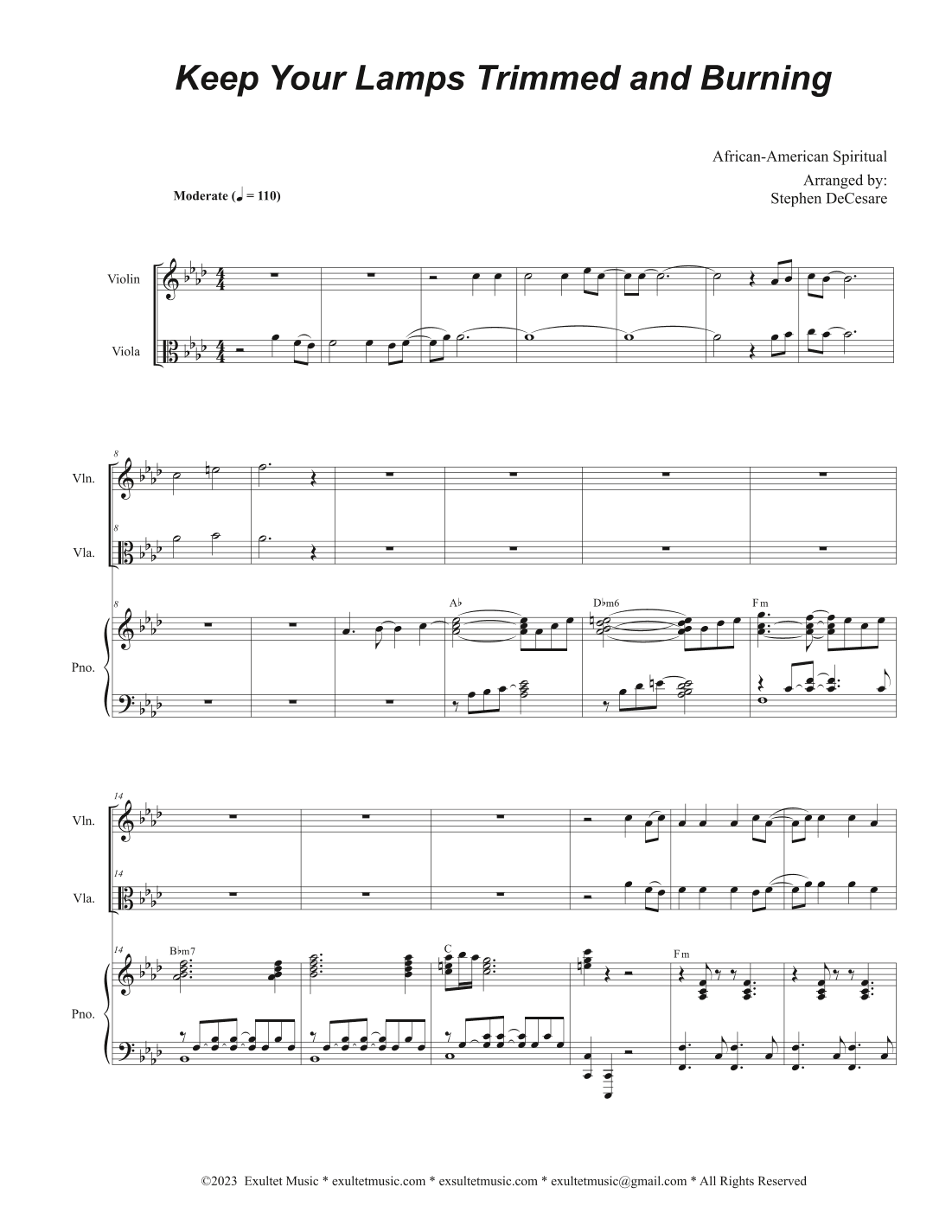 Keep Your Lamps Trimmed And Burning (Duet for Violin and Viola) (arr. Stephen DeCesare)