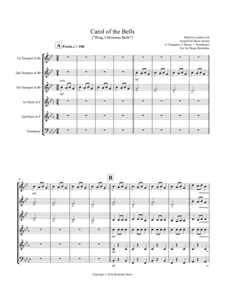 Carol of the Bells (F min) (Brass Sextet - 3 Trp, 2 Hrn, 1 Trb) (arr. Regis Bookshar)