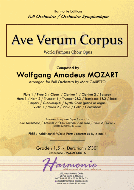 AVE VERUM CORPUS for Beginner Full (or String) Orchestra - W.A. MOZART (arr. Marc GARETTO)