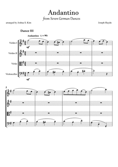 Andantino from Seven German Dances by J. Haydn for String Quartet (arr. Joshua S. Kim)