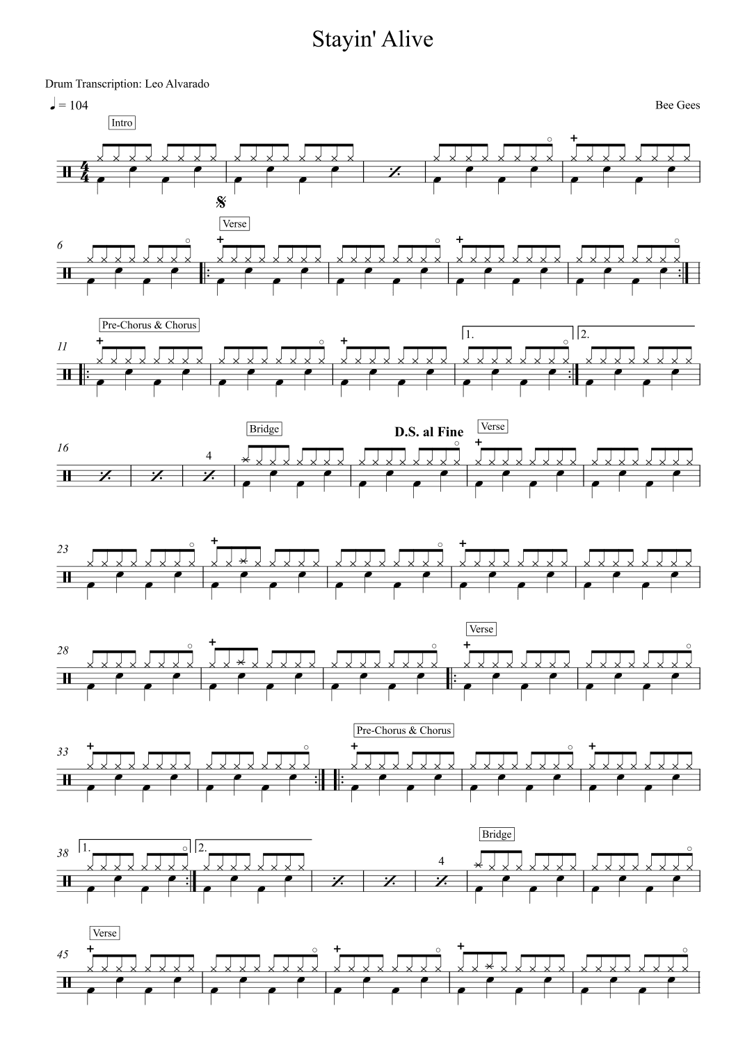 Stayin' Alive (arr. Drum Transcritpion: Leo Alvarado)
