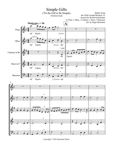 Simple Gifts ('Tis the Gift to Be Simple) (F) (Woodwind Quintet - 1 Flute, 1 Oboe, 1 Clar, 1 Hrn, 1 (arr. Regis Bookshar)