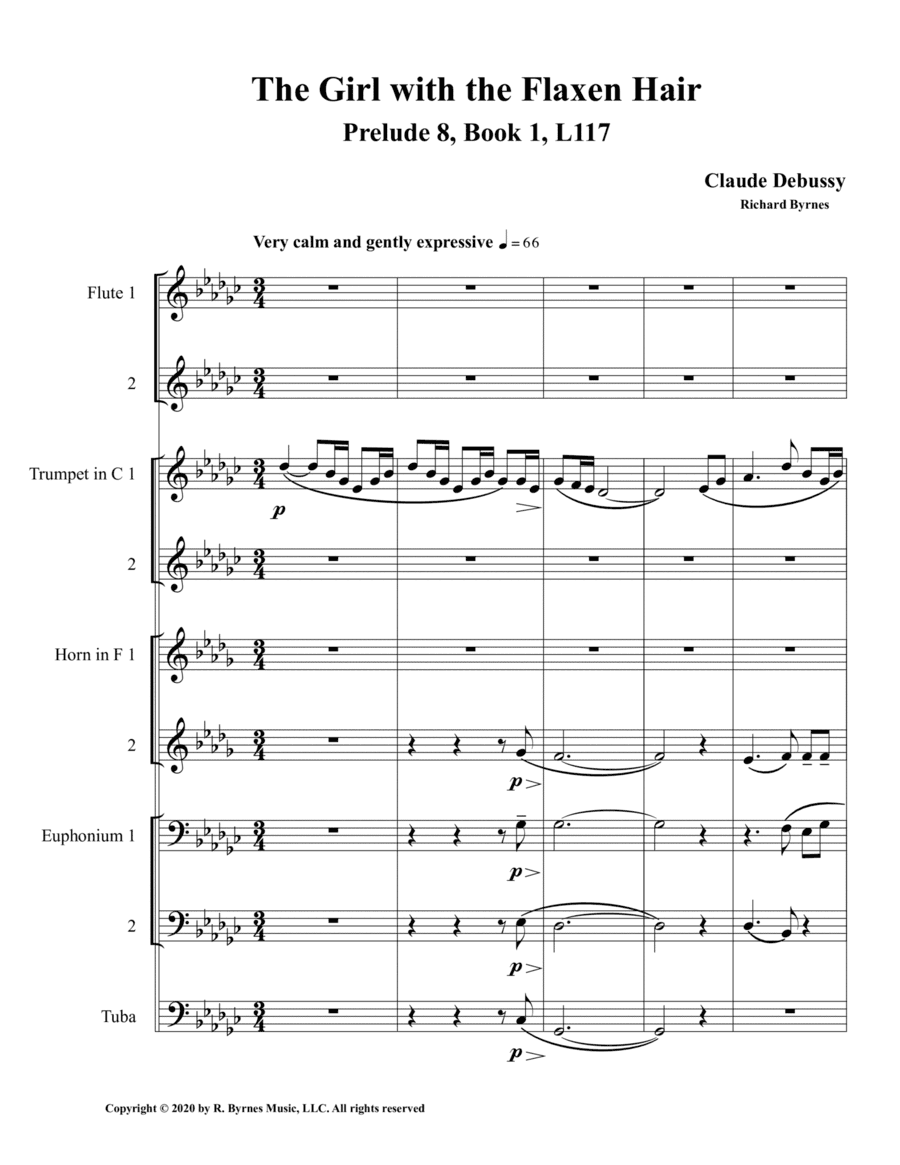 The Girl with the Flaxen Hair, Prelude 8, Book 1 by Claude Debussy (Brass Septet + 2 Flutes) (arr. Richard Byrnes)