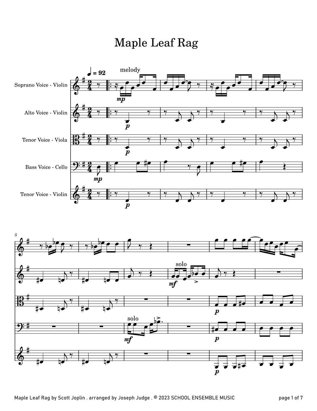 Maple Leaf Rag by Scott Joplin for String Quartet in Schools (arr. Joseph Judge)
