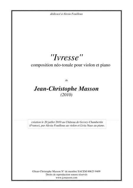 ''Ivresse'' for violin and piano --- Full score and violin part --- JCM 2010