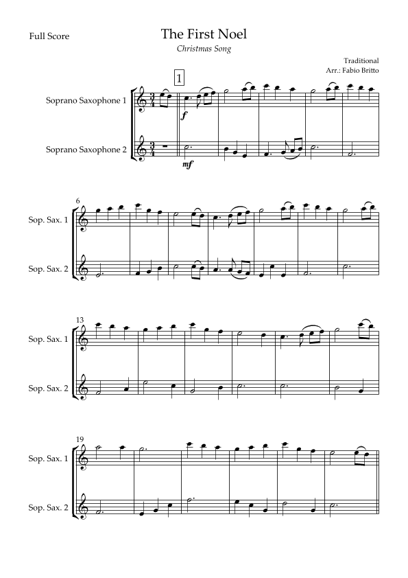 The First Noel (Christmas Song) for Soprano Saxophone Duo (arr. Fabio Britto)