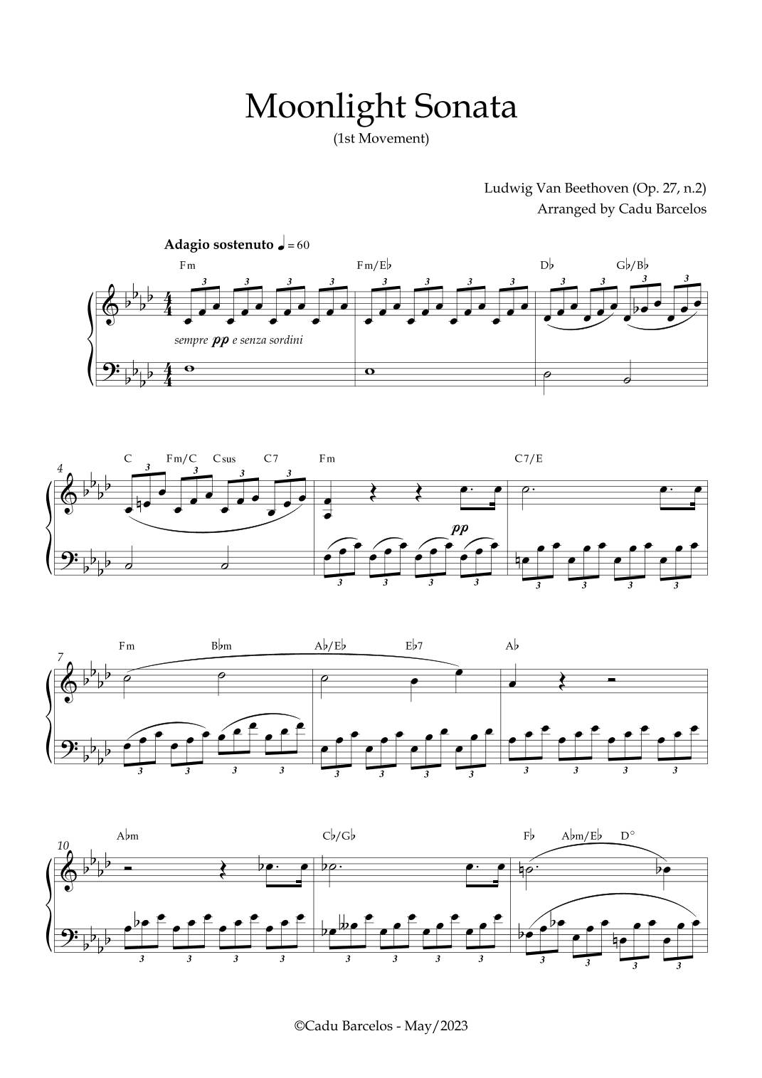Moonlight Sonata (Beethoven) F minor Piano and chords (arr. Cadu Barcelos)
