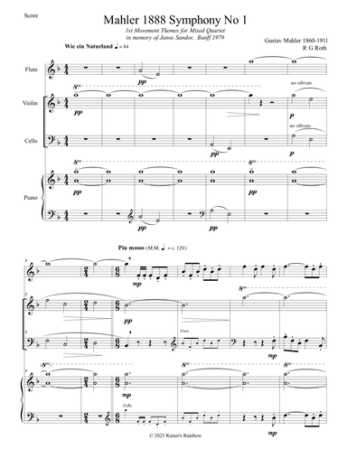 Mahler 1888 Symphony No 1 1st Movement Themes Mixed Quartet Score and Parts (arr. R G Roth)