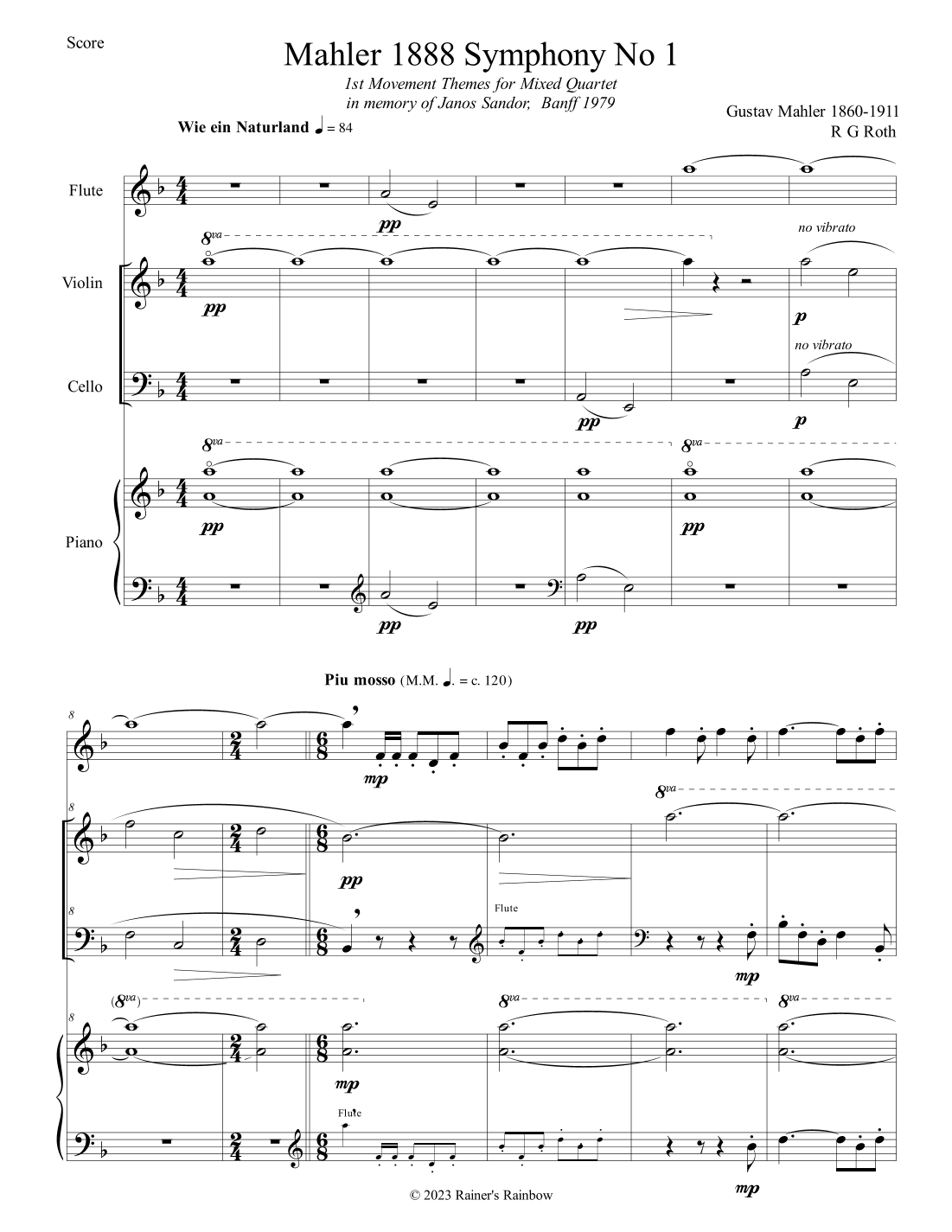 Mahler 1888 Symphony No 1 1st Movement Themes Mixed Quartet Score and Parts (arr. R G Roth)