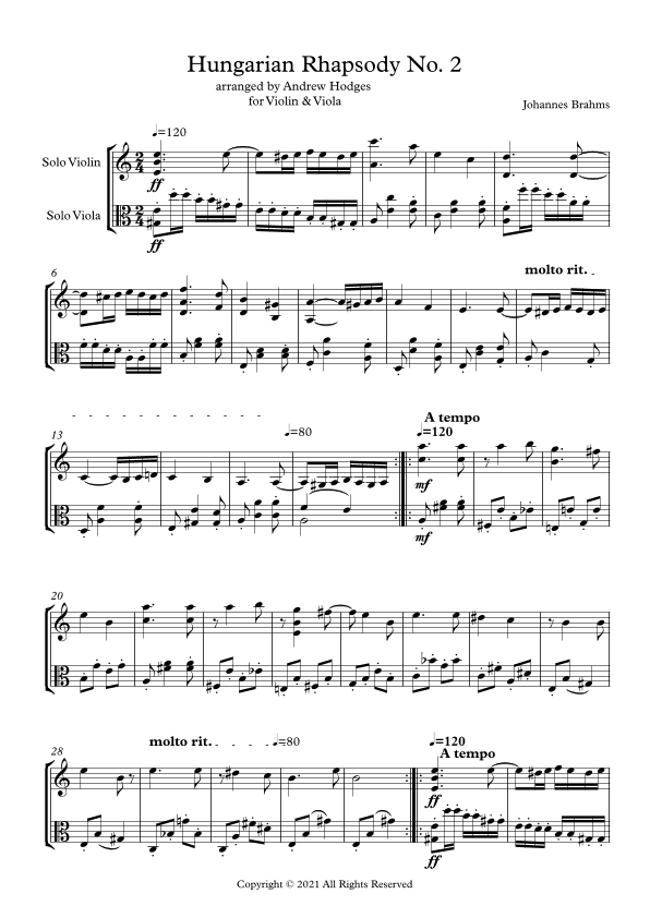 Brahms Hungarian Rhapsody No 2 arranged for Violin & Viola by Andrew Hodges (arr. Andrew Hodges)