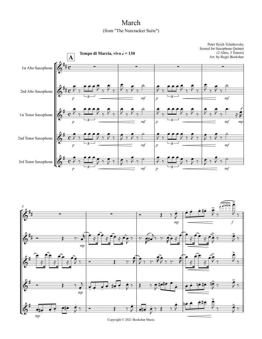 March (from "The Nutcracker Suite") (F) (Saxophone Quintet - 2 Alto, 3 Tenor) (arr. Regis Bookshar)