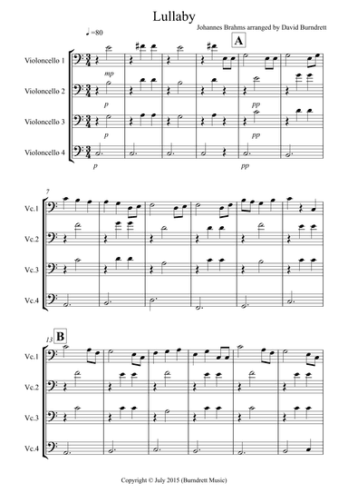 Brahms Lullaby for Cello Quartet (arr. David Burndrett)