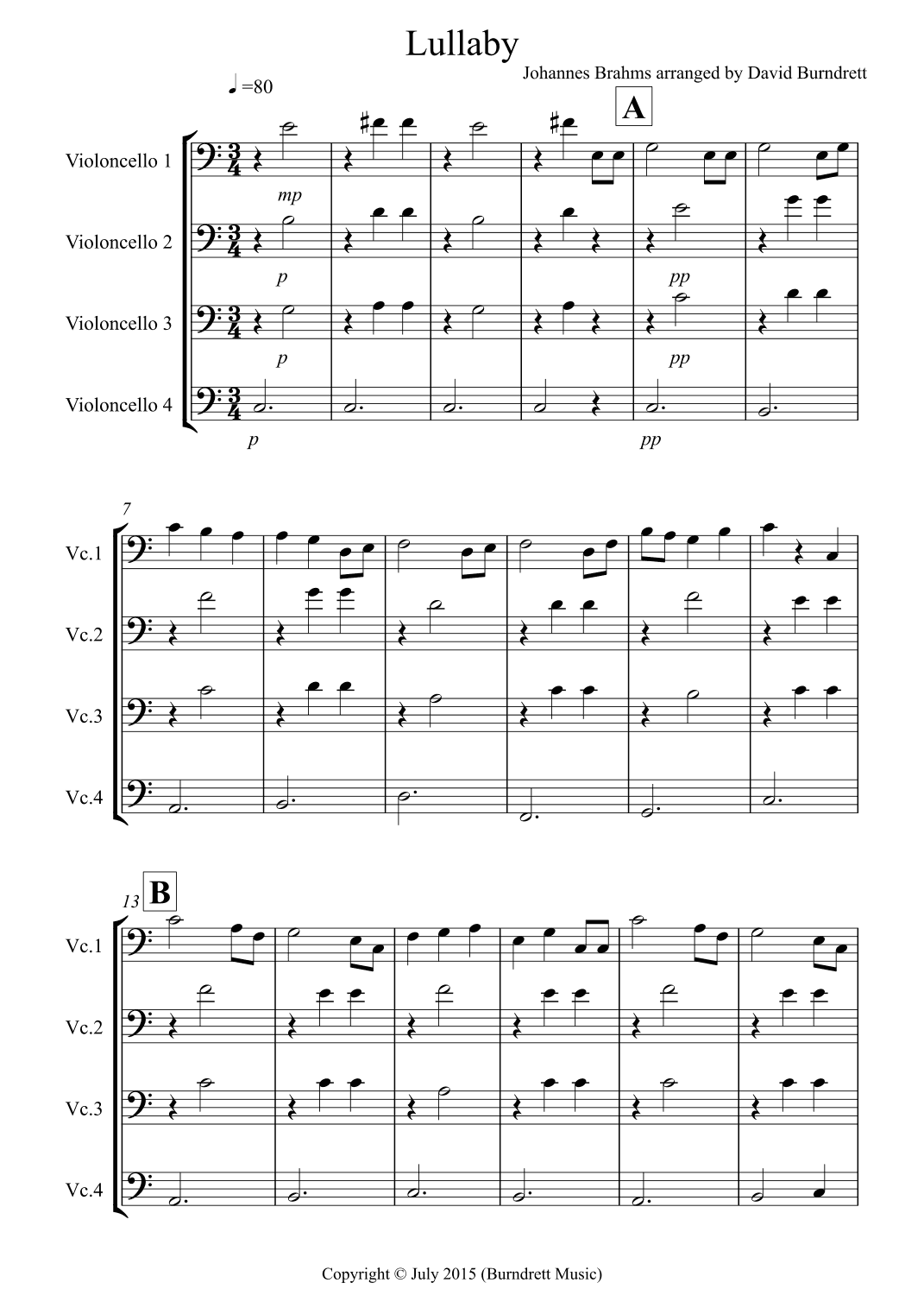 Brahms Lullaby for Cello Quartet (arr. David Burndrett)