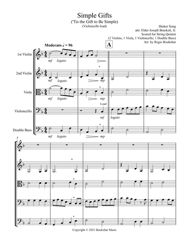 Simple Gifts ('Tis the Gift to Be Simple) (F) (String Quintet - 2 Violins, 1 Viola, 1 Cello, 1 Bass) (arr. Regis Bookshar)