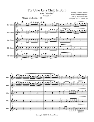 For Unto Us a Child is Born (from "Messiah") (F) (Oboe Quintet) (arr. Regis Bookshar)