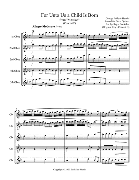 For Unto Us a Child is Born (from "Messiah") (F) (Oboe Quintet) (arr. Regis Bookshar)