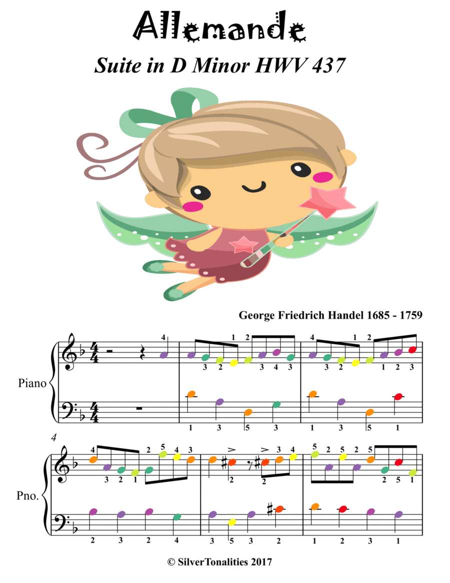 Allemande Suite in D Minor HWV 437 Easy Piano Sheet Music with Colored Notes (arr. SilverTonalities)