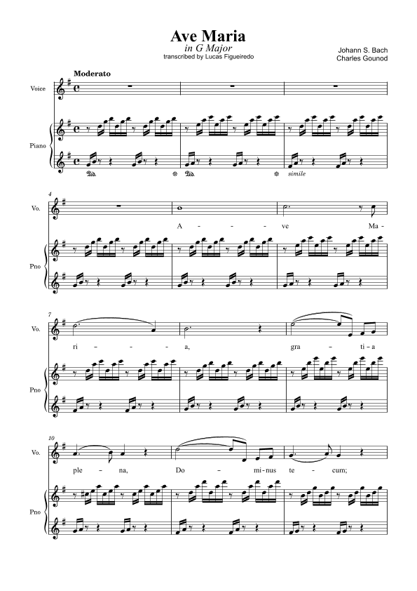 Ave Maria (Bach-Gounod) in G Major for Piano and Voice (arr. Lucas Figueiredo)