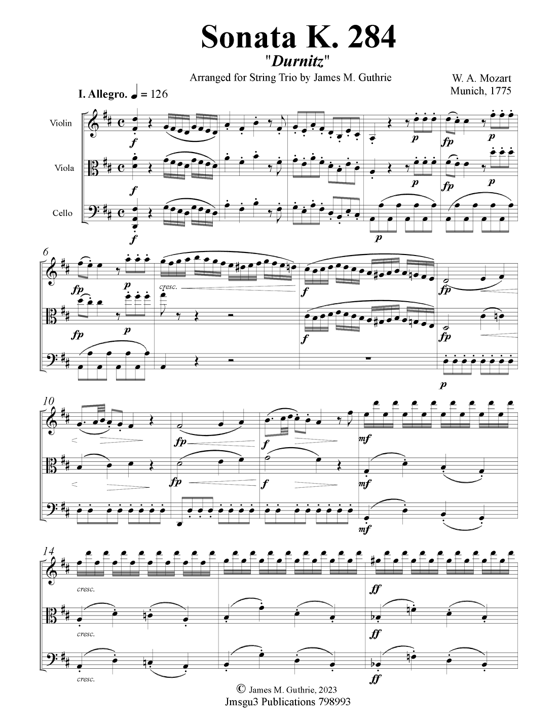 Mozart: Sonata K. 284 “Durnitz” for String Trio (arr. James M. Guthrie, ASCAP)