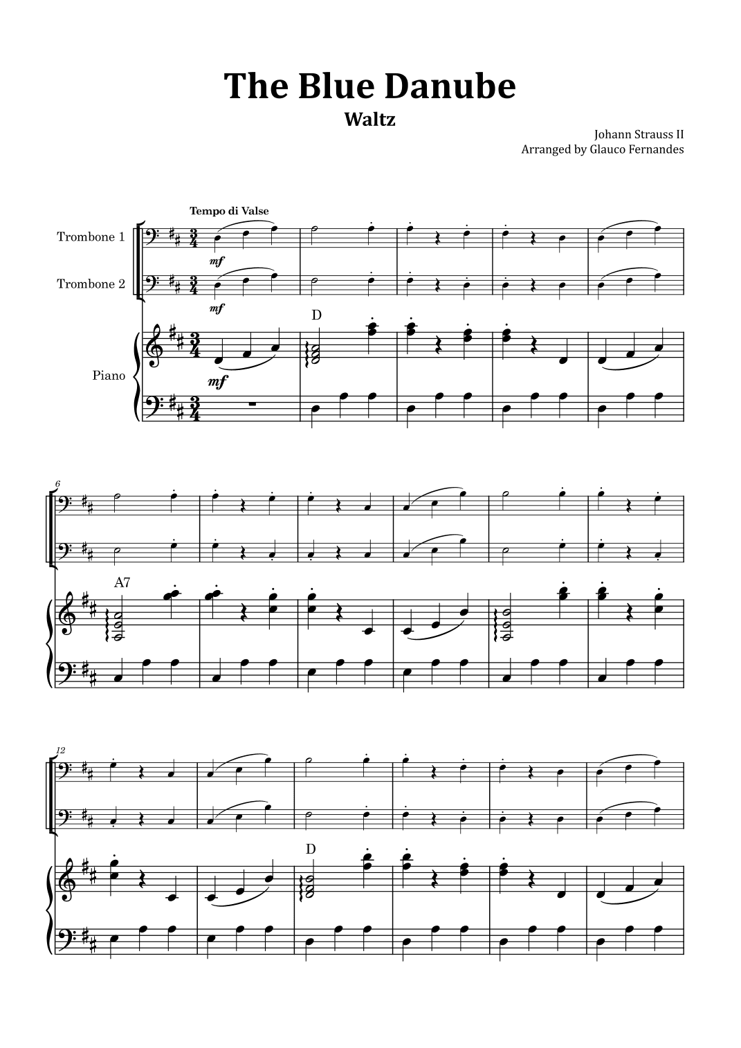 The Blue Danube - Trombone Duet with Piano and Chord Notations (arr. Glauco Fernandes)