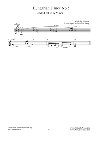 Hungarian Dance No.5 in A Minor - Lead Sheet (arr. Miranda Wong)