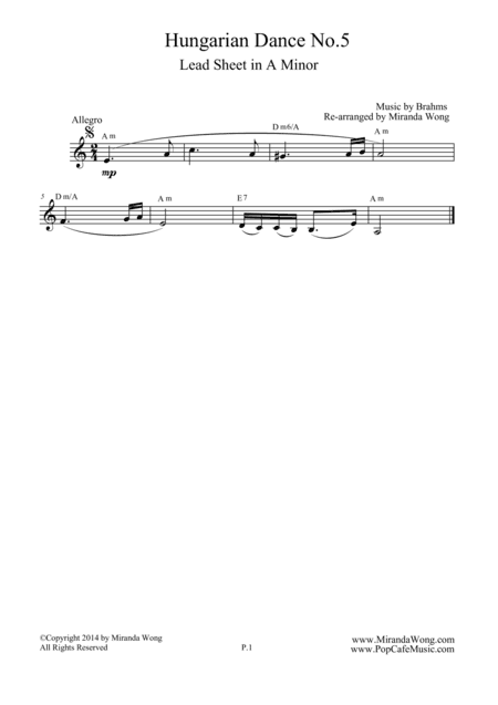 Hungarian Dance No.5 in A Minor - Lead Sheet (arr. Miranda Wong)