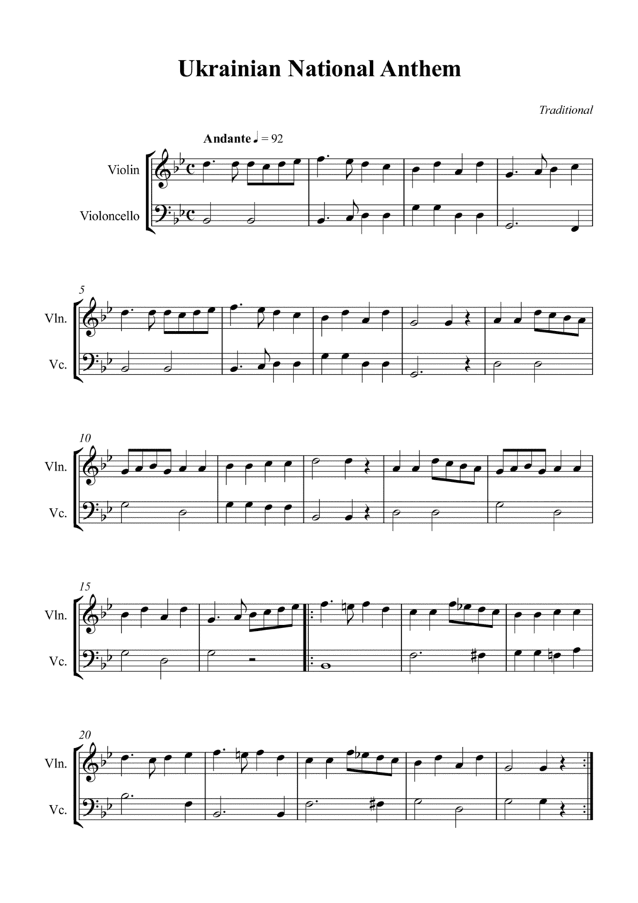 Ukrainian National Anthem - Violin and Cello (arr. Wesley S. SIlva)