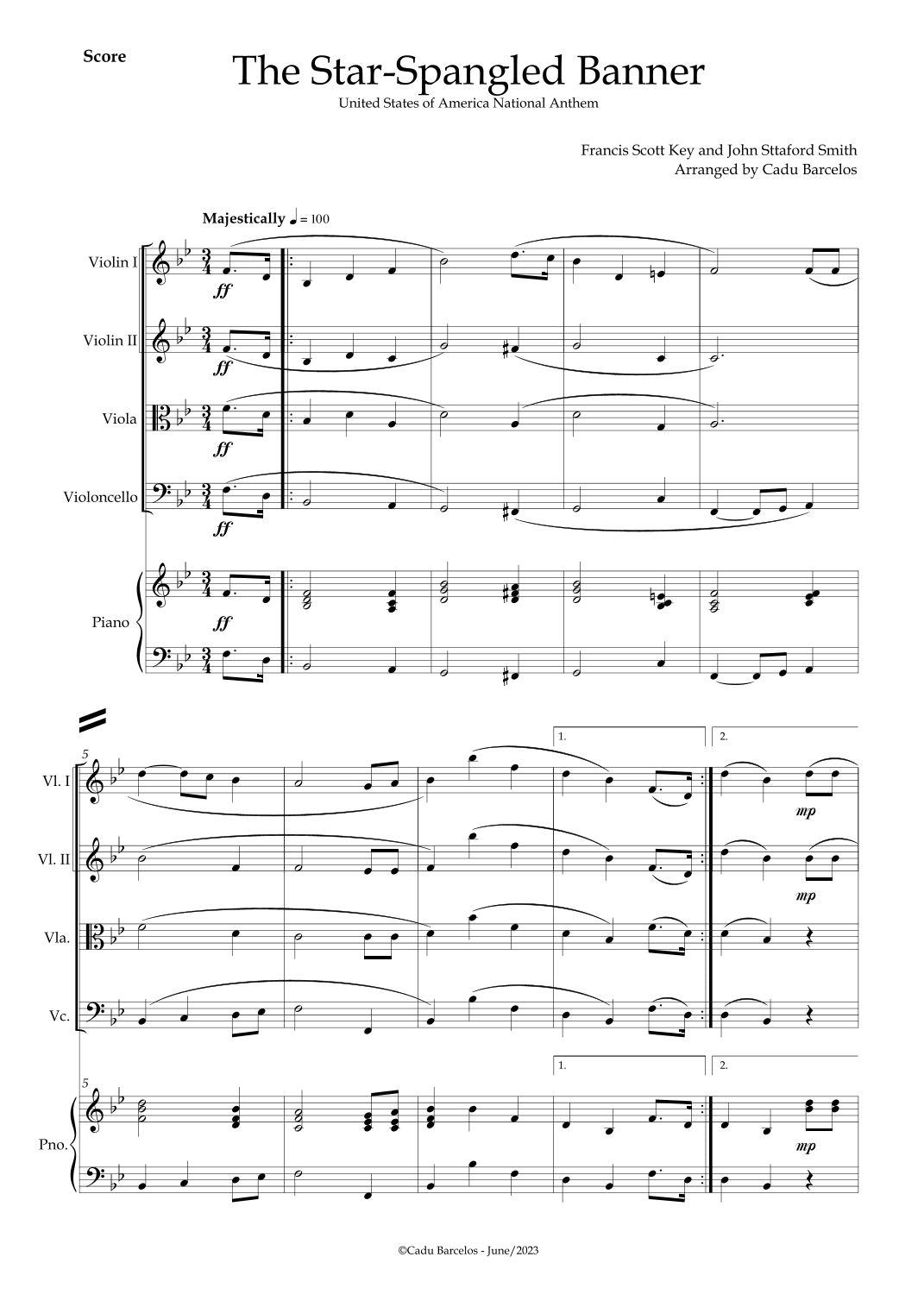 The Star-Spangled Banner - EUA Hymn (Strings Quartet) Piano (arr. Cadu Barcelos)