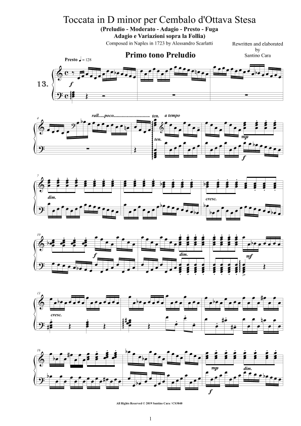Scarlatti A - Toccata No.13 in D minor d-Ottava Stesa for Cembalo or Piano (arr. Santino Cara)