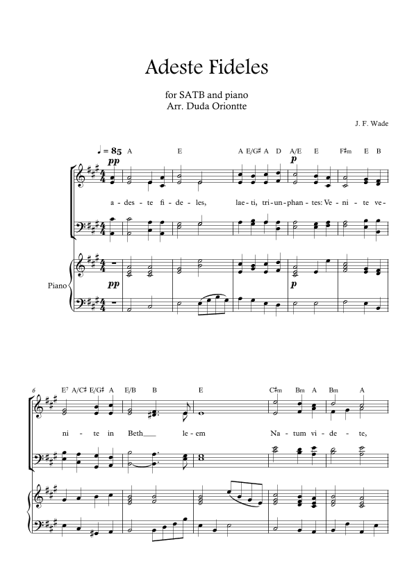 Adeste Fideles (SABT - A major - 2 staffs - with piano - with chords) O Come All Ye Faiful (arr. Duda Oriontte)
